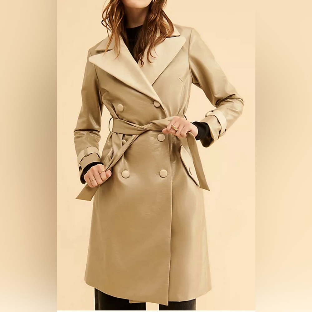Anthropologie Hutch Vegan Leather Trench Coat beige & cream double-breasted NWOT
